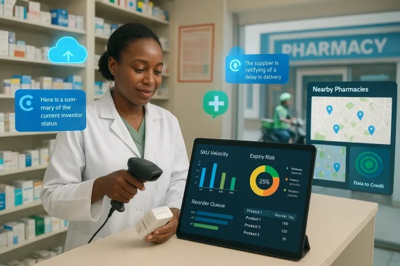 A pharmacist scans a bottle as holographic dashboards float around with inventory and maps.