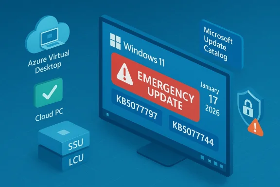 Windows 11 emergency update alert shown on a monitor, surrounded by Azure Virtual Desktop and Cloud PC icons. Windows 11 emergency update alert shown on a monitor, surrounded by Azure Virtual Desktop and Cloud PC icons.