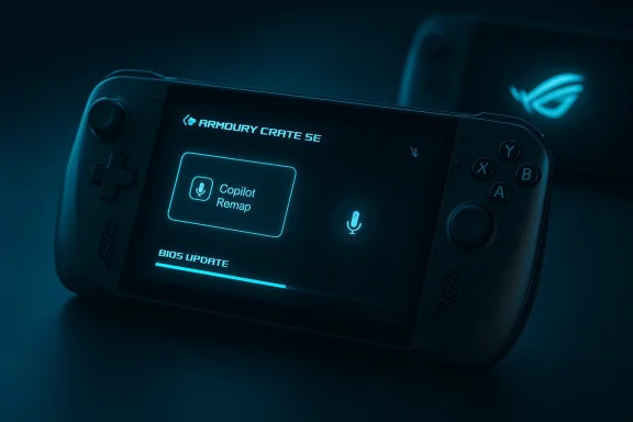A handheld gaming console displaying Armoury Crate SE with a BIOS update progress.