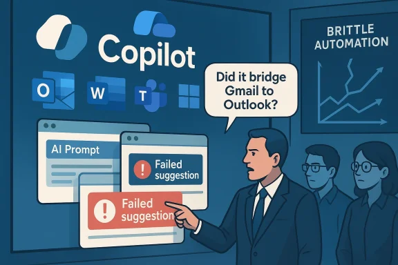 Corporate Copilot infographic showing failed suggestions and a Gmail-to-Outlook bridge question.