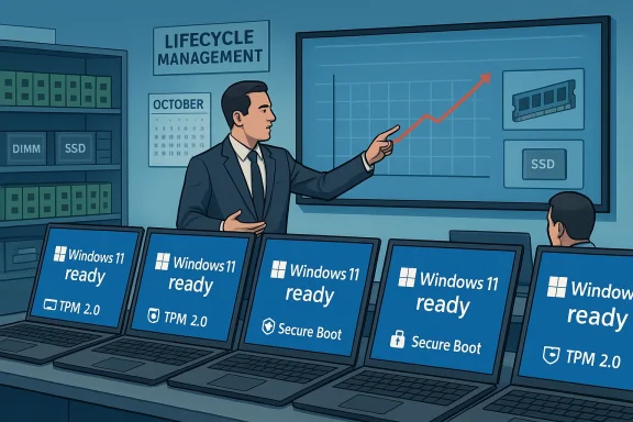 Presenter explains Windows 11 readiness and security features (TPM 2.0, Secure Boot) to a team.