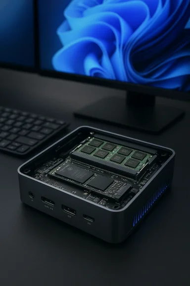 A compact computer with its case open, exposing RAM sticks on a desk.