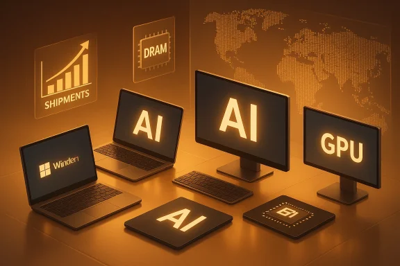 A warm, futuristic tech display of AI laptops and monitors with GPU, DRAM, and a global map.