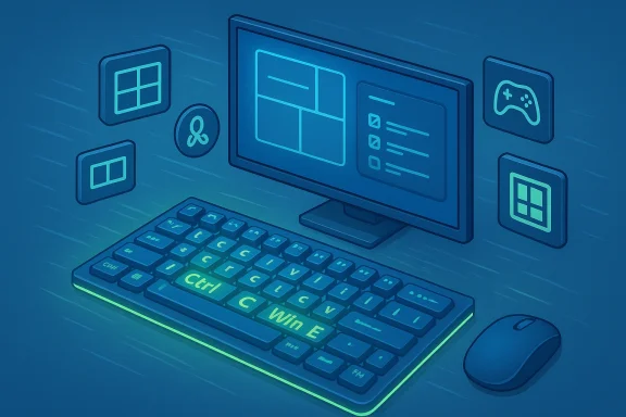 Neon blue isometric computer setup with monitor, keyboard, mouse, and floating app icons.