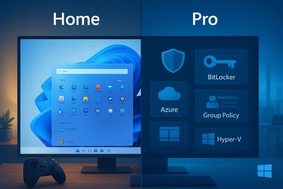 Split-screen Windows: Home on the left, Pro on the right with BitLocker, Azure and Group Policy.