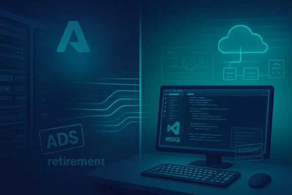 Blue-toned data center workspace with server racks and a monitor displaying code and cloud diagrams.