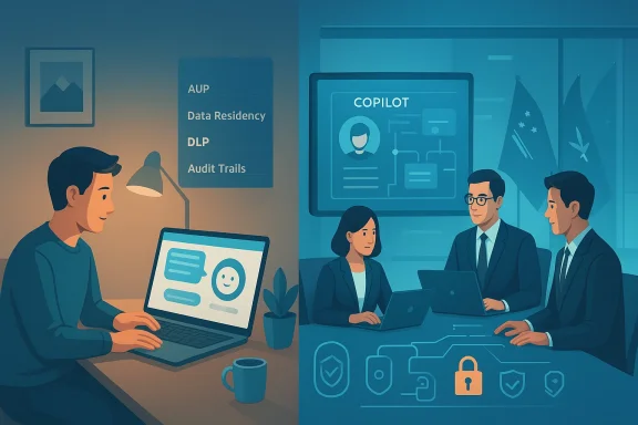 A split scene of a remote worker and a corporate team collaborating on data security and governance.