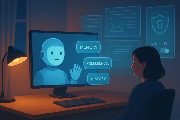Person chats with a friendly AI on a computer screen about memory, preferences, and history.