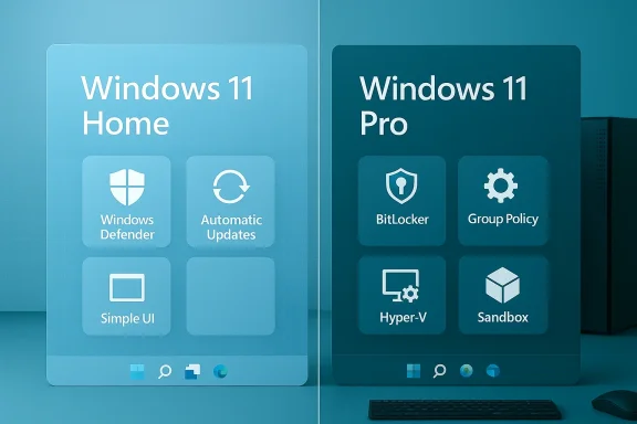 Split-screen Windows 11: Home (left) shows Defender and UI tiles; Pro (right) shows BitLocker and Group Policy.