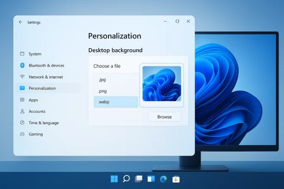 Windows 11 Settings pane for Personalization, showing desktop background options. Windows 11 Settings pane for Personalization, showing desktop background options.