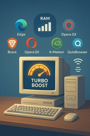 Retro computer on a desk with a Turbo Boost gauge and browser logos overhead.