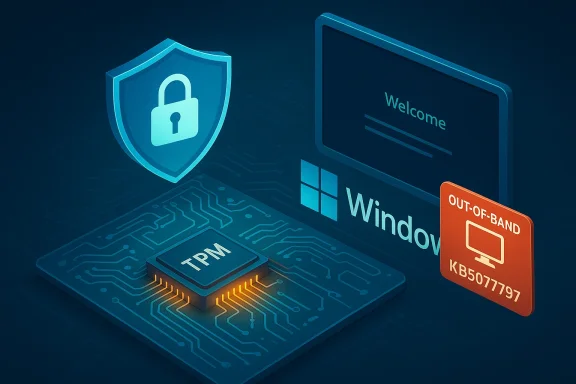 Windows security concept with a TPM chip on a circuit board, a shield, and an out-of-band security badge.