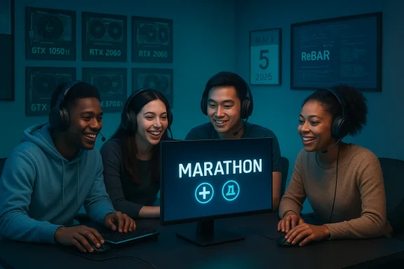 Four friends with headsets collaborate around a glowing MARATHON monitor in a blue-lit gaming room.