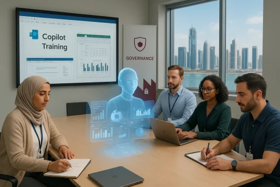 Diverse team in a governance training session views a holographic data display.