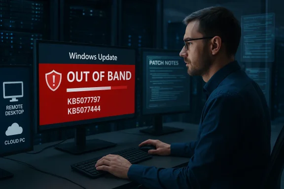 IT professional monitors a Windows Update 'Out of Band' alert on a red screen in a data center. IT professional monitors a Windows Update 'Out of Band' alert on a red screen in a data center.