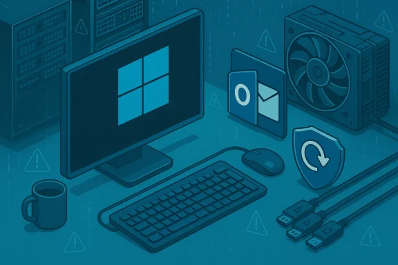 Windows desktop with server racks, keyboard, mouse, USB cables, and a shield icon for backup.