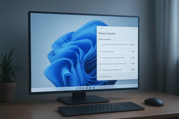 A sleek computer monitor on a wooden desk displays Windows privacy settings with a blue abstract wallpaper.