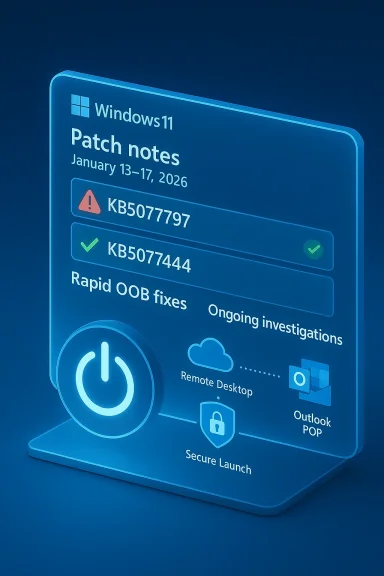 Blue holographic Windows 11 patch notes board shows warning KB5077797 and fixed KB5077444.
