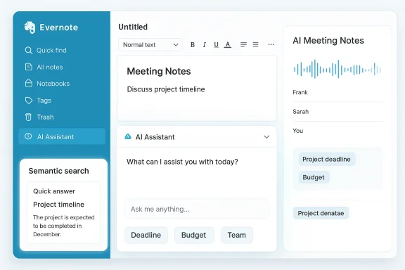 Evernote workspace UI with AI Assistant panel and a meeting notes card featuring a waveform.