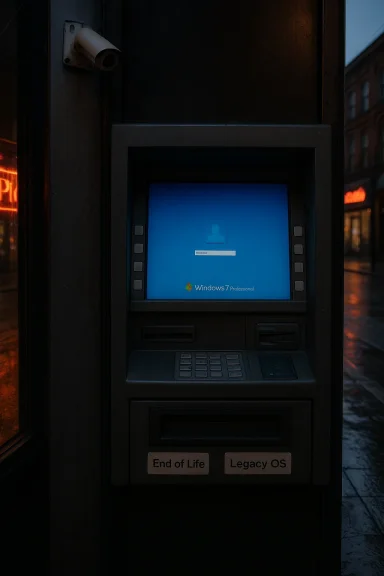 Street-side ATM kiosk running Windows 7, labeled End of Life and Legacy OS.