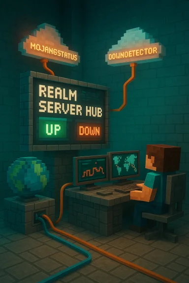 Voxel Minecraft-style Realm Server Hub: a person at a desk with glowing status signs.