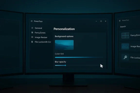 Triple-monitor setup showing a PowerToys Personalization window with background options, color tint, and blur sliders.