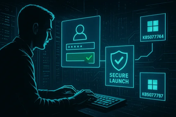 A person types at a keyboard, viewing a glowing futuristic login interface with a Secure Launch shield. A person types at a keyboard, viewing a glowing futuristic login interface with a Secure Launch shield.