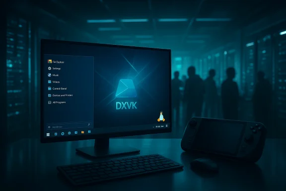 A blue-lit data center desk with a monitor displaying the DXVK logo.