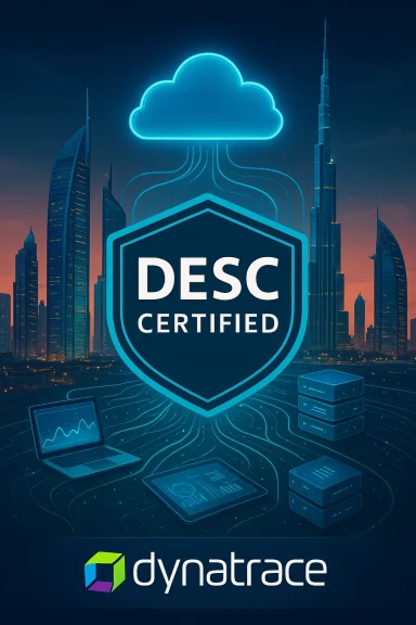 A neon cloud above a DESC CERTIFIED shield and Dynatrace branding set against a futuristic cityscape.