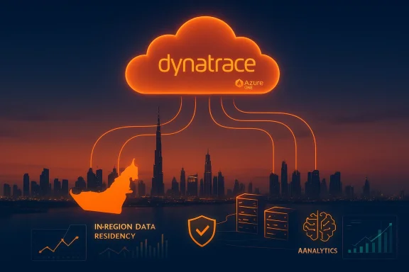 Neon orange cloud logo for Dynatrace linked to a futuristic city skyline. Neon orange cloud logo for Dynatrace linked to a futuristic city skyline.