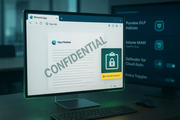 Confidential document marked CONFIDENTIAL open in Edge on a monitor with a Protected Clipboard badge.