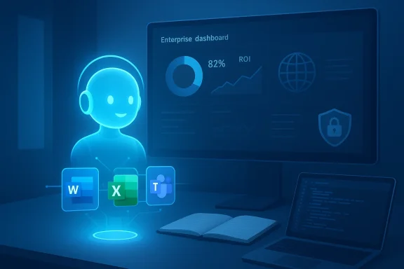 Blue holographic assistant beside Word, Excel, and Teams icons, with an enterprise dashboard on screen.