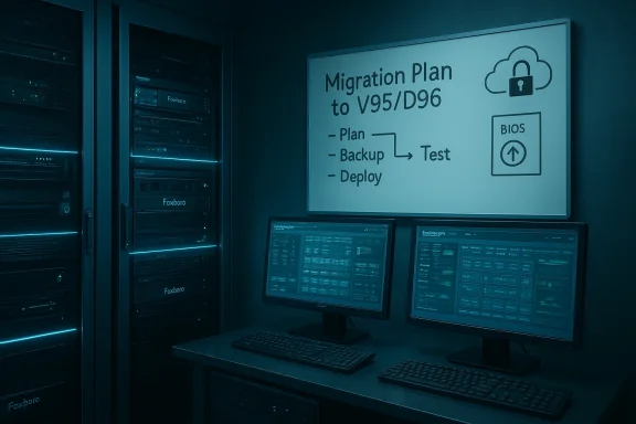 Data center workstation with a Migration Plan board and dual monitor dashboards.
