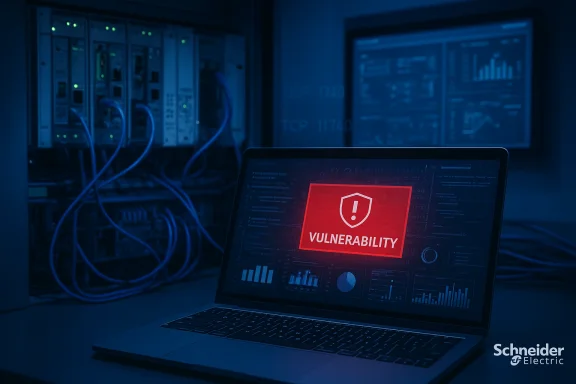 Laptop displays a red vulnerability warning in a server room.