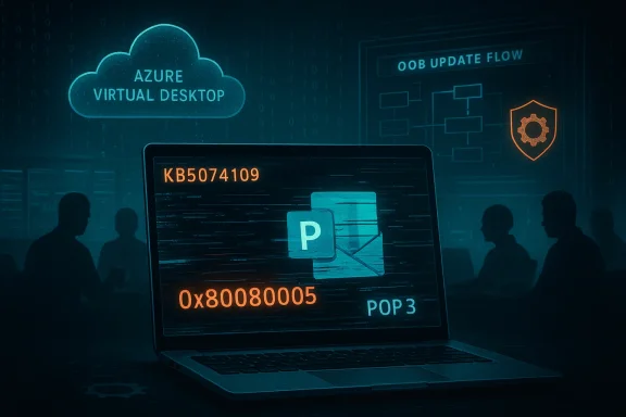 A laptop screen displays code with a POP3 icon amid Azure Virtual Desktop cloud visuals.