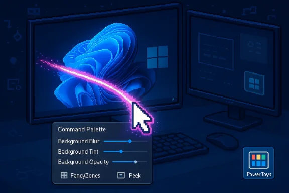 Neon Windows desktop illustration featuring the PowerToys Command Palette with sliders.
