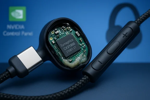 Close-up of a headset earcup with an exposed Synaptics CX37988 circuit board.