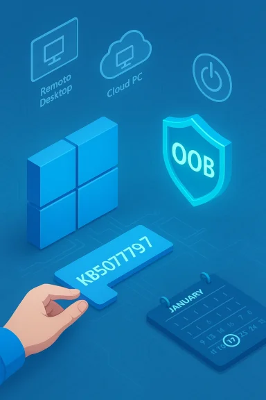 Blue cybersecurity illustration featuring a shield, cube blocks, and Remote Desktop and Cloud PC icons. Blue cybersecurity illustration featuring a shield, cube blocks, and Remote Desktop and Cloud PC icons.