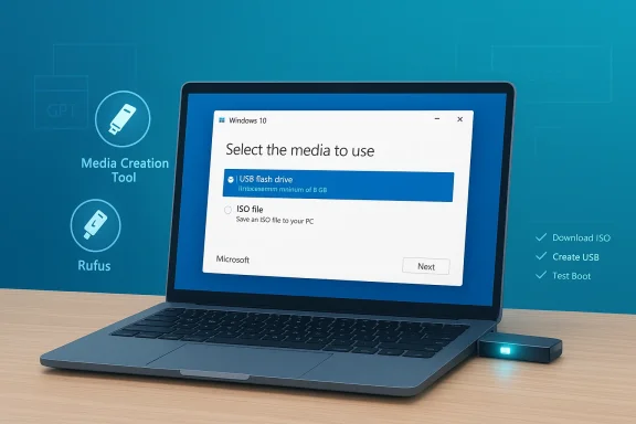 Laptop showing Windows 10 media creation tool to choose USB or ISO media.