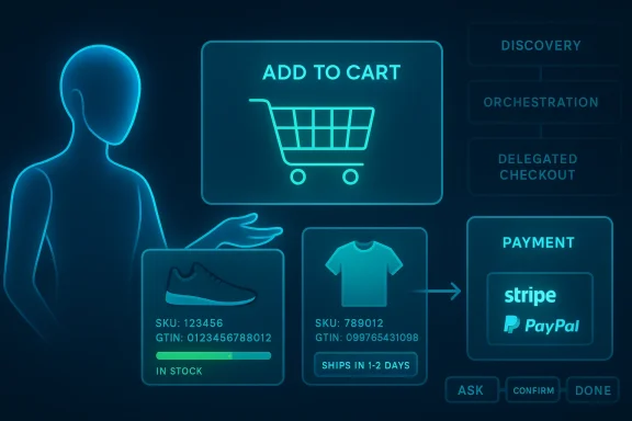 Neon holographic e-commerce interface showing add-to-cart, product cards, and payment options.