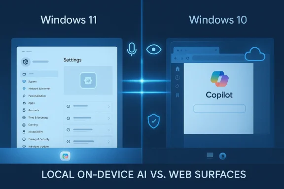 Windows 11 shows local on-device AI, contrasted with Windows 10’s web-based Copilot.