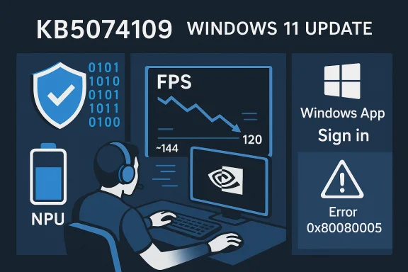 Windows 11 update screen with FPS graph, shield icon, and error 0x80080005.