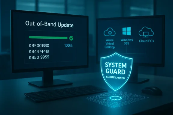 Blue-toned security setup with a System Guard shield; Out-of-Band Update on the left and cloud OS icons on the right. Blue-toned security setup with a System Guard shield; Out-of-Band Update on the left and cloud OS icons on the right.