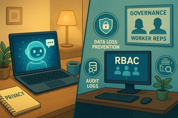 A desk scene with a laptop and privacy notebook, beside a board illustrating data loss prevention, RBAC, and audit logs.