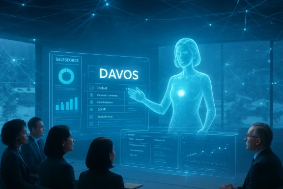 A holographic DAVOS dashboard with a female avatar presents Salesforce data to executives.