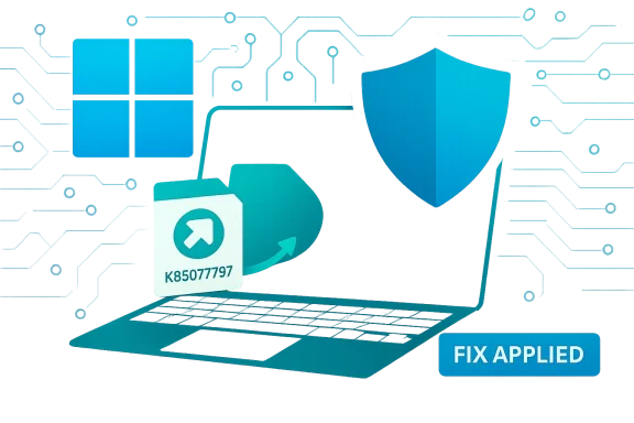 Blue cybersecurity illustration with a shield, patch card, and 'FIX APPLIED' label.