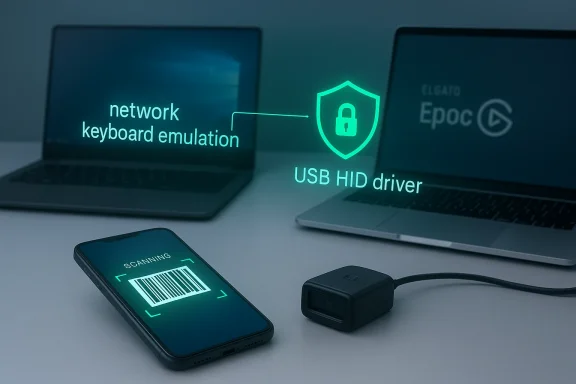 HID keyboard emulation and USB HID driver illustrated on laptops with barcode scanner.
