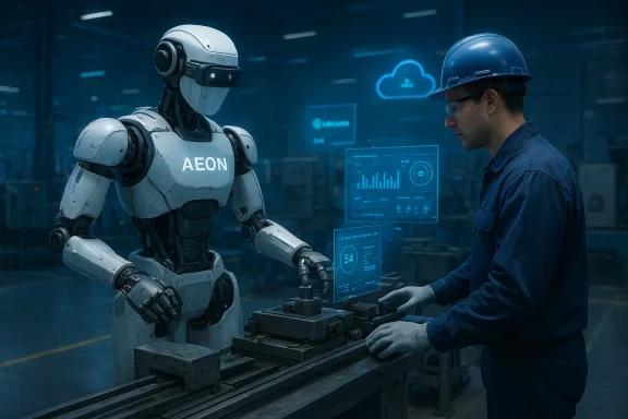 A robot labeled AEON assists a technician in a high-tech factory.