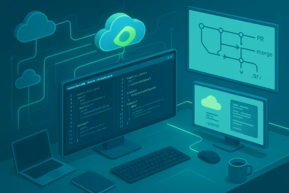 Futuristic coding desk with cloud icons, code on screens, and YAML/merge diagrams.