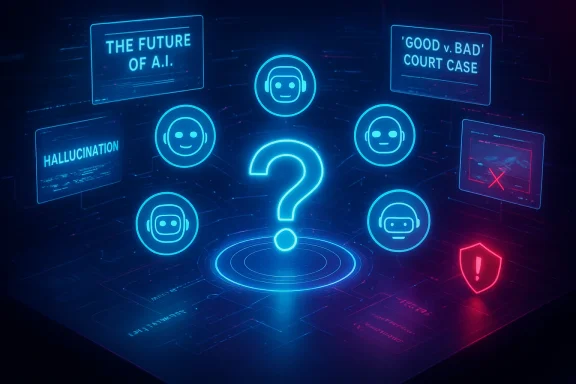 A futuristic neon holographic interface centered on a glowing question mark, surrounded by AI avatars.